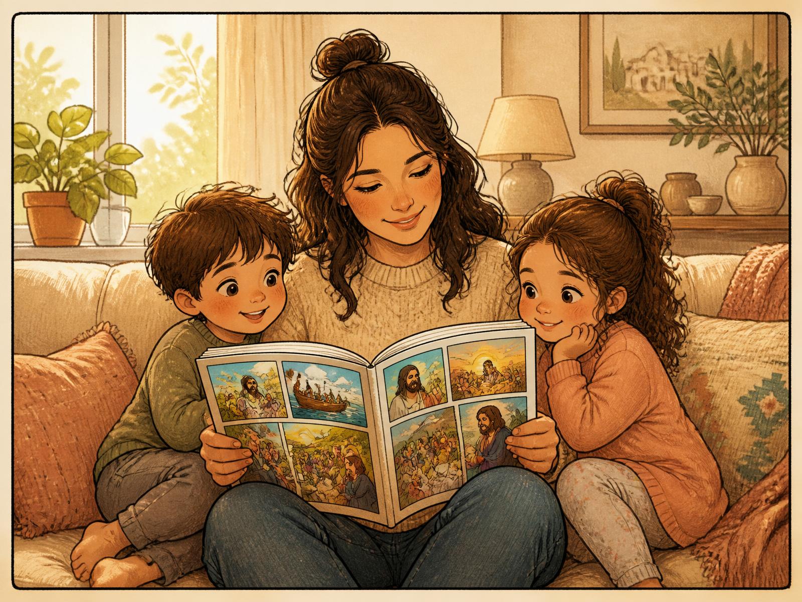 A mom reading an illustrated Bible comic with her two young kids on a cozy couch