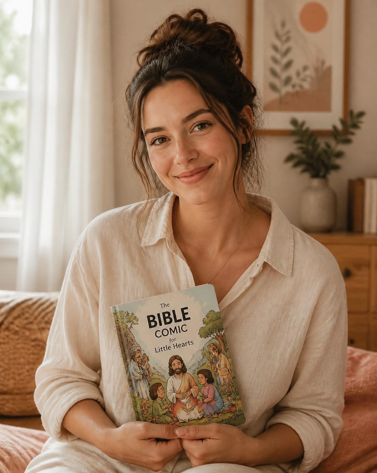 A young mom smiling and holding a children's Bible comic book